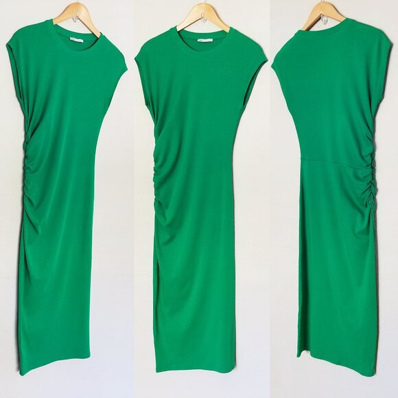 Zara Ribbed Knit Crew Neck Ruched Gathered Midi Dress L Cap Sleeves Kelly Green - Picture 3 of 12